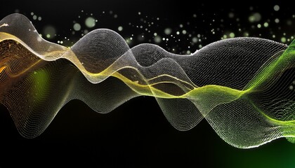 White Dotted Sine Waves Oscillating In Black Canvas With Green Yellow Gradients And Dot Clusters
