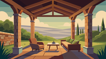 Fototapeta premium A covered porch with a wooden ceiling stone columns and a mix of outdoor furniture in earthy tones.