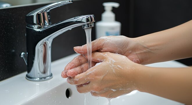 Washing hands with soap and water under a modern faucet in a bathroom sink, demonstrating hygiene and cleanliness