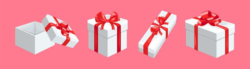 Set of white gift boxes with red ribbon. Vector cartoon flat illustration.