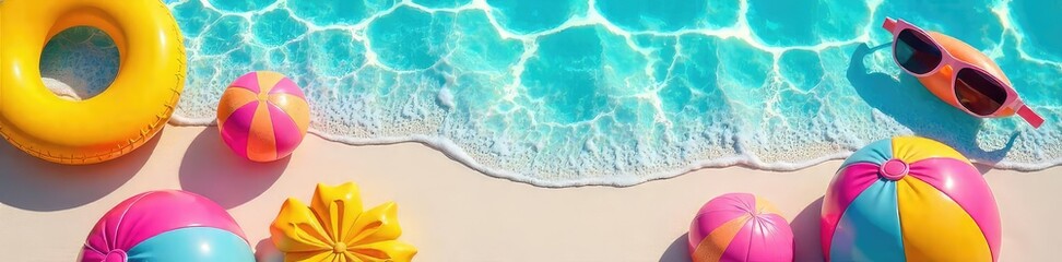 A vibrant summer scene featuring bright beach balls, colorful inflatable pool toys, and sunglasses on a sunny beach  Perfect for summer vacation, travel, and holiday themes , beach ball, happy