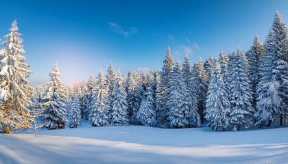 Obraz premium Snowy Forest Scene With Snow Capped Pine Trees And A Clear Sky