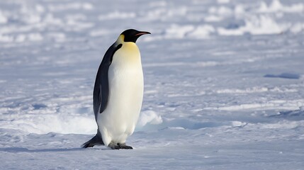 An emperor penguin stands majestically on the icy terrain of antarctica, its sleek plumage a testament to its adaptation to the harsh climate, embodying the spirit of survival in the frozen wilderness