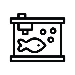 A blackandwhite line drawing of a fish tank with a fish bubbles and equipment. Editable stroke line  icon