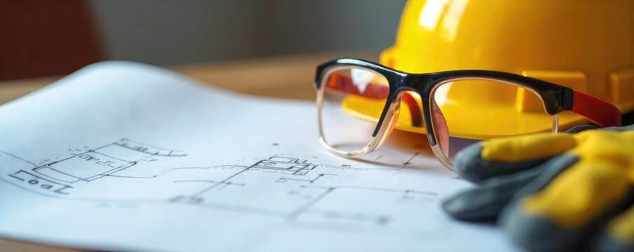 Close-up of a hard hat, safety glasses, and work gloves resting on a blueprint, emphasizing workplace safety precautions , health, accident, OSHA