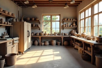 Cozy pottery studio filled with clay, kilns, and finished ceramic pieces Natural light streams through the large windows, highlighting the handcrafted artistry within , brown, pottery, firing
