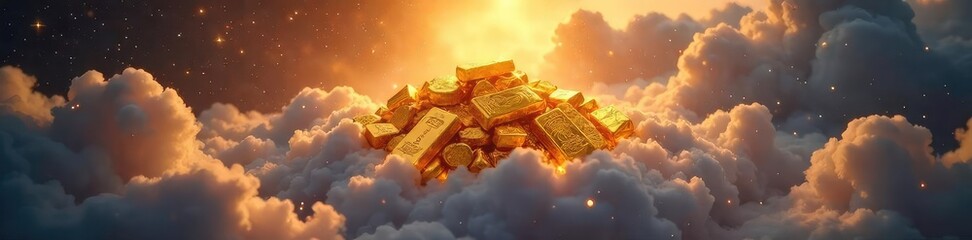Fototapeta premium Gleaming golden ingots, radiating ethereal light, rest on a cloud of swirling nebulae A celestial representation of divine wealth and power , stars, mythology