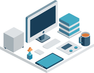 Isometric productivity workspace vector illustration for scalable graphic design projects