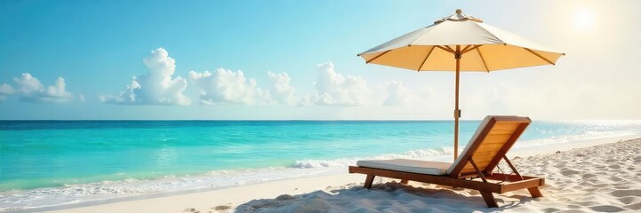 Fototapeta premium Relaxing beach scene featuring a stylish umbrella and comfortable beach chair, perfect for a sunny day Ideal for summer vacation, travel, and relaxation themes , scene, water, sea