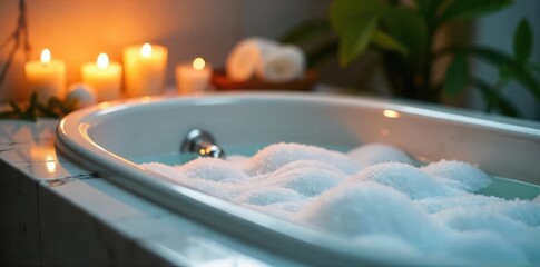 Relaxing bathtub scene with bubbles, candles, and aromatic bath salts  Perfect for spa, wellness, and self-care themes  Image features soft lighting and a tranquil atmosphere ,  relaxation,  zen