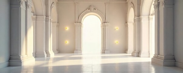 Serene interior space with soft lighting, featuring white walls, ornate details, and a heavenly ambiance Perfect for representing peace, tranquility, and spiritual concepts , peaceful, home decor