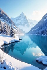Fototapeta premium Serene winter scene featuring a snow-covered landscape under a clear sky Perfect for winter holiday, nature, and travel themes Frozen lake, majestic mountains, pristine snow , travel, beautiful