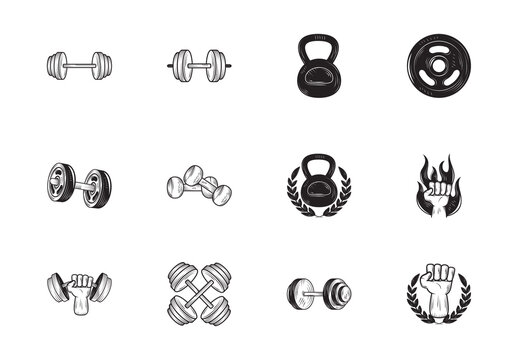 Black Gym Fitness Stuff Icons Set