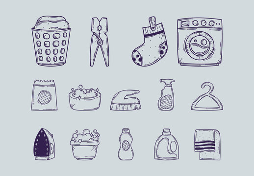 Blue Laundry Doodle Detergent Cleaning Illustrations Set