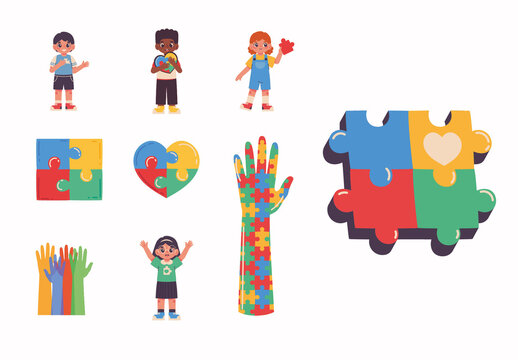 Colorful Autism Day Puzzle Kids Illustrations Set
