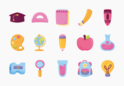 Colorful School Education Supplies Illustrations Set