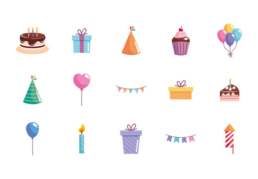 Colorful Birthday Party Celebration Decoration Icons Set