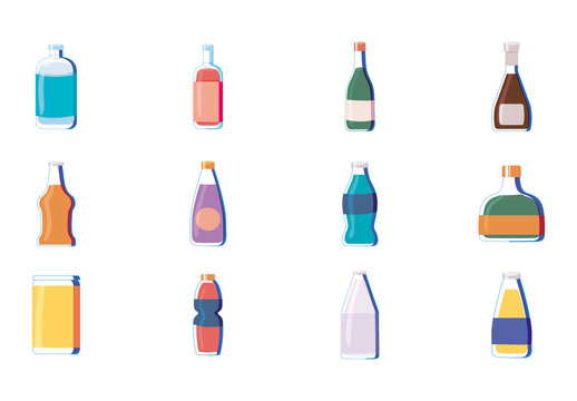 Colorful Beverages Bottles Drinks Soda Illustrations Set