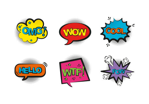 Colorful Pop Art Comic Speech Bubble Text Illustrations Set