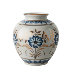 Transparent background White ceramic vase with blue flowers and gold leaves hand painted image