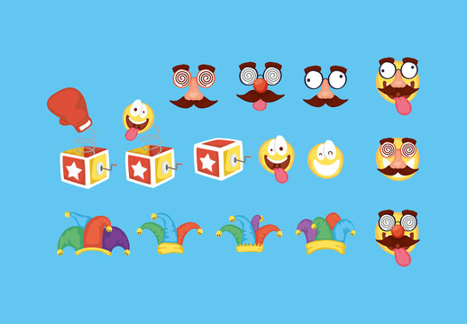 Colorful April Fools Emoji Jester Box Illustrations Set