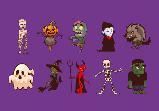 Colorful Halloween Characters Illustrations Set