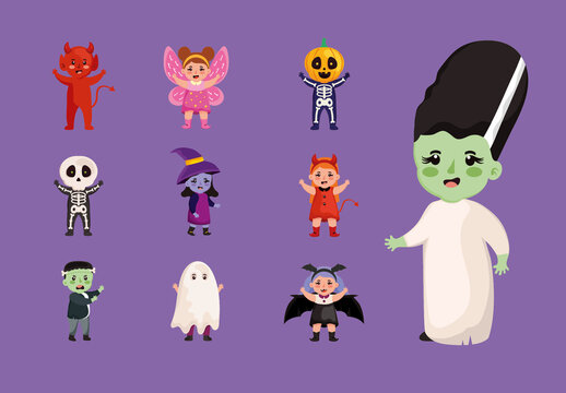 Colorful Halloween Characters Illustrations Set