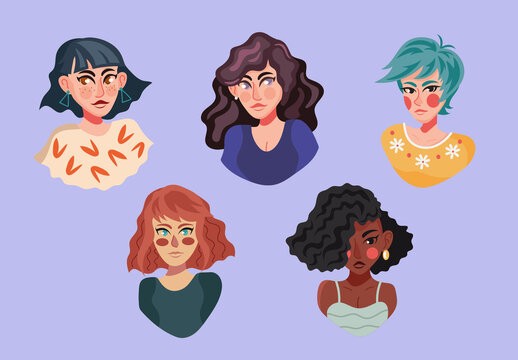 Colorful Girls Portrait Female Character Illustrations Set