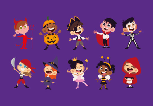 Colorful Halloween Kids Costumes Characters Illustrations Set