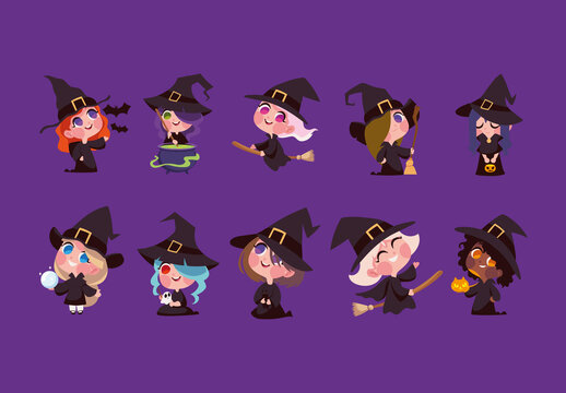 Colorful Halloween Witch Girls Illustrations Set