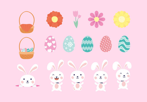 Colorful Easter Bunny Eggs Flowers Illustrations Set