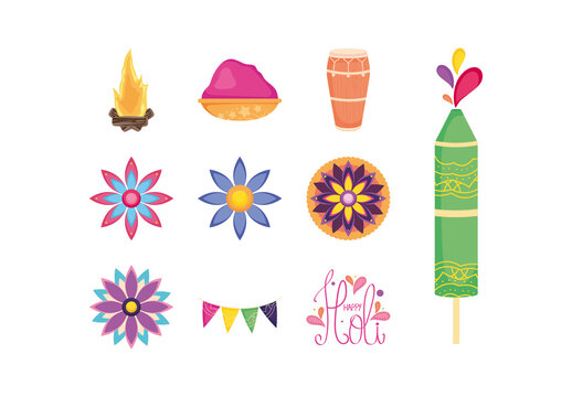 Colorful Holi Festival India Culture Illustrations Set