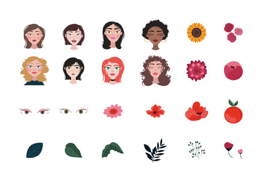 Female Portrait Botanical Illustration Set