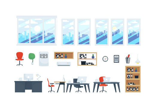 Colorful Office Furniture Desk Books Illustrations Set