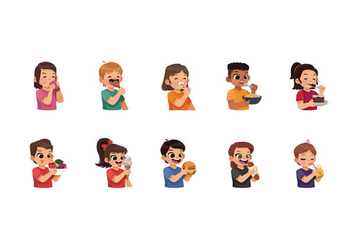 Colorful People Eating Illustrations Set