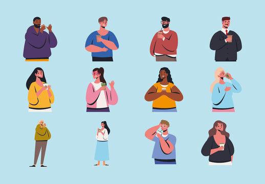 Colorful Coffee People Drinking Cup Illustrations Set