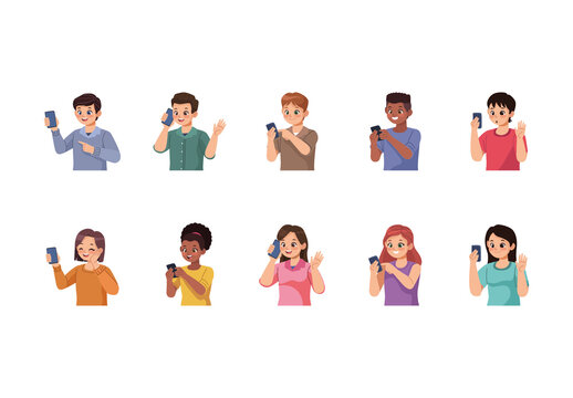 Colorful Person Using Smartphone Illustrations Set