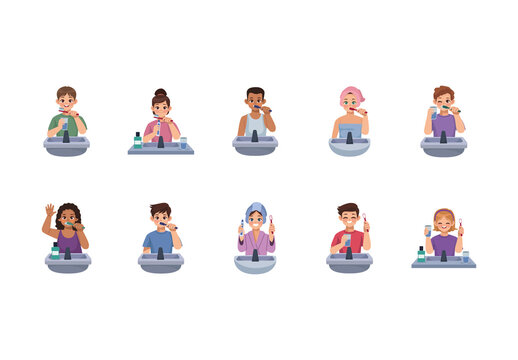 Colorful Persons Brushing Teeths Illustrations Set