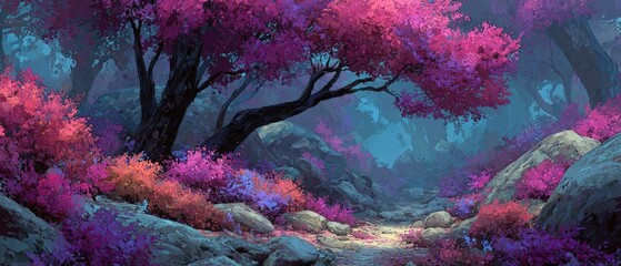Fantasy forest path, vivid pink blooms, dark trees, painterly style. Perfect for backgrounds, book covers, or adding magical flair.