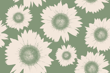 Vintage Sunflower Seamless Pattern on Green Background. Abstract Modern monotone Hand-drawn flowers, silhouette botanical florals.Retro Floral Print for Fabric, Wallpaper, and Home Decor