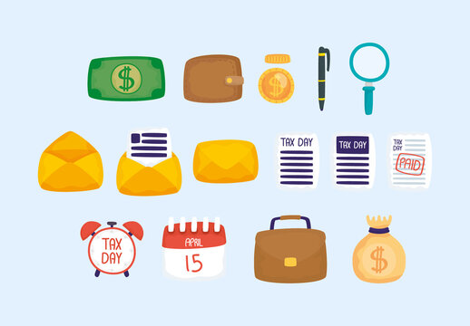 Colorful Tax Day Money Calendar Illustrations Set