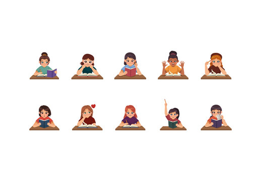 Colorful Studing Woman Learning Illustrations Set