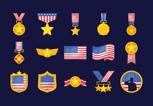 Colorful Veterans Military Medals American Icons Set