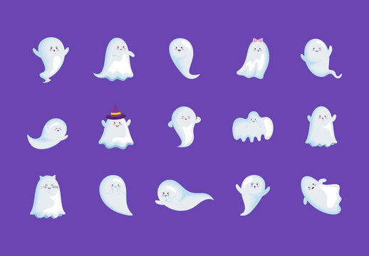 White Cute Gosth Halloween Illustration Set