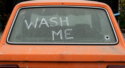Fototapeta premium Dirty orange car rear window with wash me written in the dust, suggesting neglect and need for cleaning