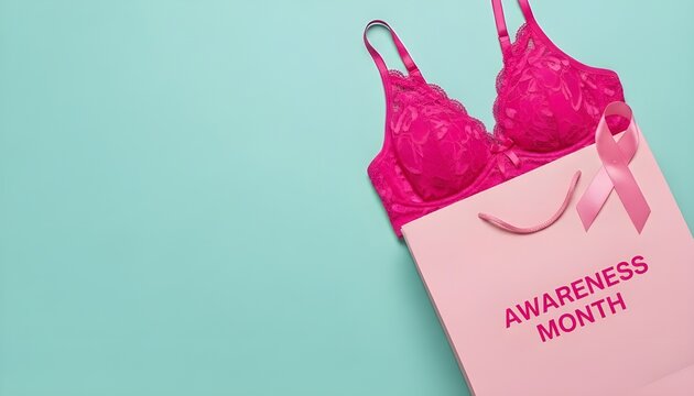 Breast Cancer Awareness Pink Bra, Ribbon, Bag – Copy-Space Left
