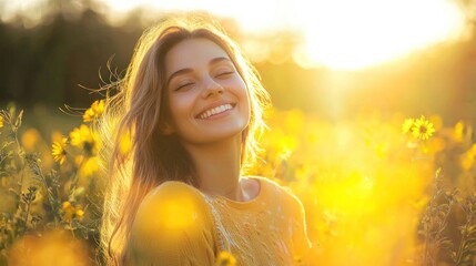 A woman with long blonde hair smiling in a field of yellow flowers at sunset.