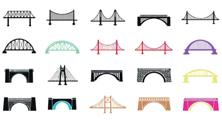 Collection of diverse bridge designs and architectural styles isolated on transparent background