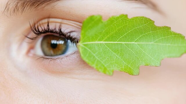 A close-up shot of a person with a leaf covering their eye, ideal for representing nature's influence or unexpected situations