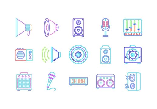 Colorful Neon Speaker Music Lined Icons Set